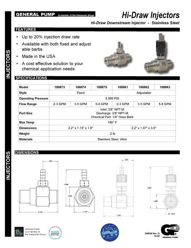 General Pump Fixed Stainless Steel High Draw Chemical Injectors ...
