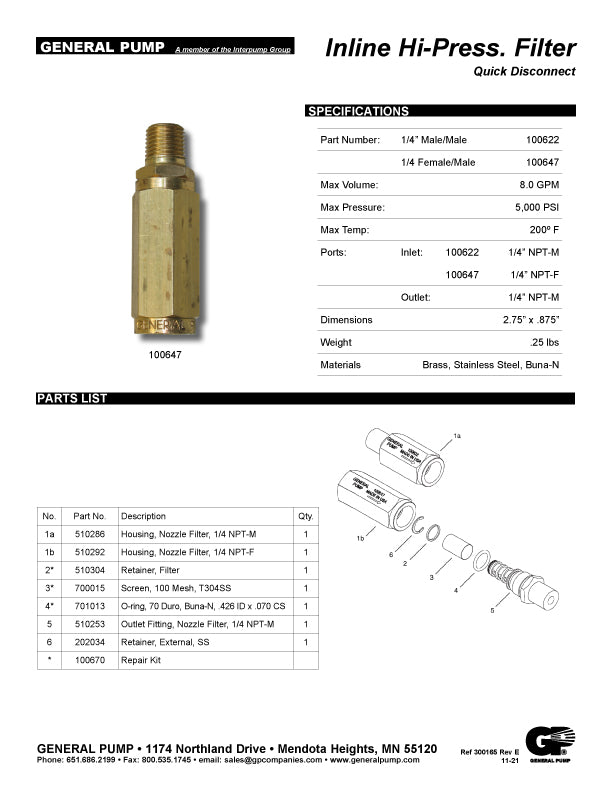 REPAIR KIT FOR GENERAL PUMP INLINE 5000 PSI FILTER - (6016)